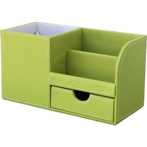 XRHYY Green 3 Storage Compartments PU Leather Office Desktop Organizer Stationery Box Collection Business Card/Pen/Pencil