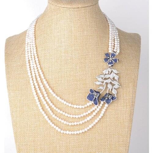 20" 4 Strands White Pearl Necklace CZ Flower Pendant