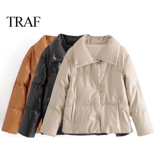 TRAF ZA Women PU Leather Parkas Fashion High Street Solid Faxu Leather Coats Elegant Winter Thick Cotton Jackets Loose Outerwear