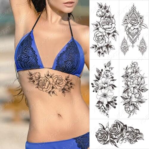 Waterproof Temporary Tattoo Sticker Skull Snake Peony Tatto Wolf Moon Henna Line Flower Body Art Arm Fake Sleeve Tatoo Women