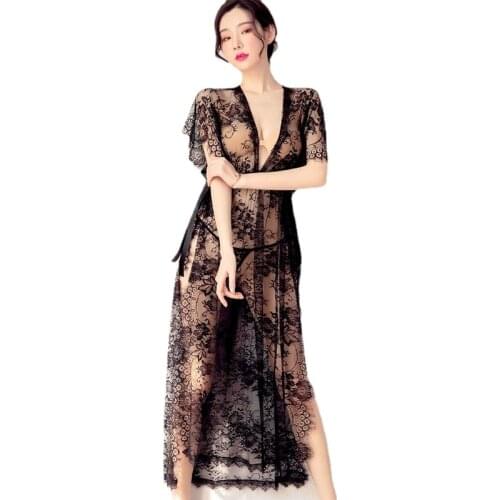 Sexy Long Dress Robe Ladies Gowns Deep V Lace Lingerie Sexy nightdress Robe womens Sleepwear Nightgown Nightrobe Long