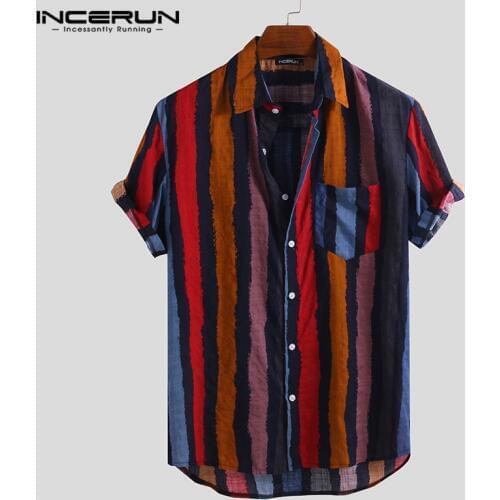 INCERUN Mens Shirt Striped Short Sleeve Streetwear Vintage Blouse Breathable Casual Hawaiian Shirts Camisa Masculina 2021 S-5XL