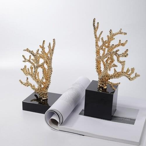 Modern Decoration Ornaments New House Living Room Table Porch Cabinet Creative Golden Alloy Coral Figurines Marble Furnishings
