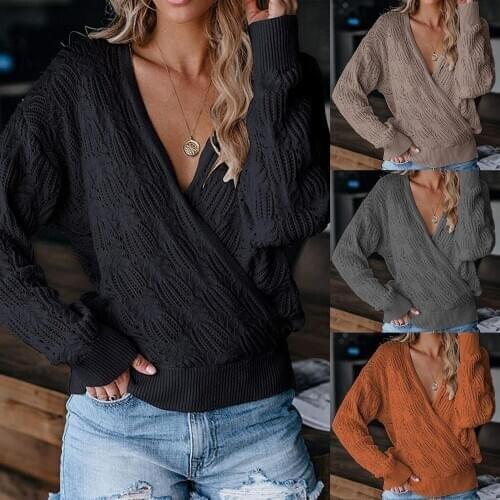 2020 Women Deep V Neck Wrap Hollow Sweater Long Sleeve Crochet Knit Pullover Top Womens Clothing свитер женский pull femme