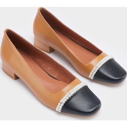 Womens genuine leather black to patchwork slip-on flats single shoes beading decoraion fashion korean style casual daily shoes