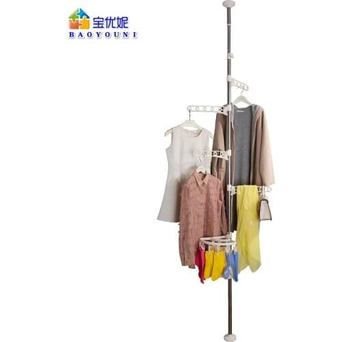 Corner Coat Hanger Pole Clothes Hat Stand Tension Rack Hooks Clips Adjustable Standing Clothes Laundry Drying Rack DQ0777-1