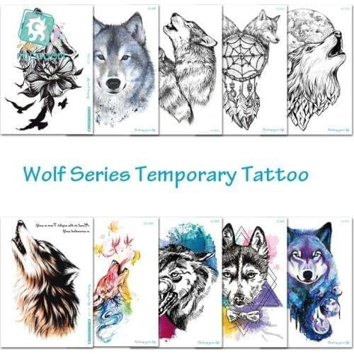 Rocooart Wolf Temporary Tattoo Stickers Waterproof Fake Hand Animal Tattoos Adult Men Body Art Taty Watercolor Black Tatuajes