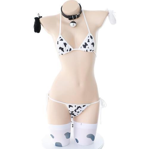 Japanese Milk Cosplay Costume Anime Sexy Kawaii Mini Cow Bikini Cute Lingerie Set Full Set Headband Ear with Tail Stocking