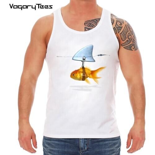 Funny New design Goldfish & Shark Brand Fish Cool Printed Mens Casual Tank-top Male Retro Hipster Tops