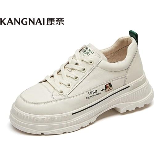 KANGNAI Women Shoes Flat Platform Lace-Up White Lightweight Round Toe Sneakers Genuine Leather Female Casual Shoes