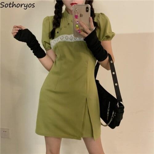 Women Dresses Short Puff Sleeve Patchwork Print Vintage Stand Collar Buttons Fashion Chic Side-slit Design Teens Mini Dress Slim