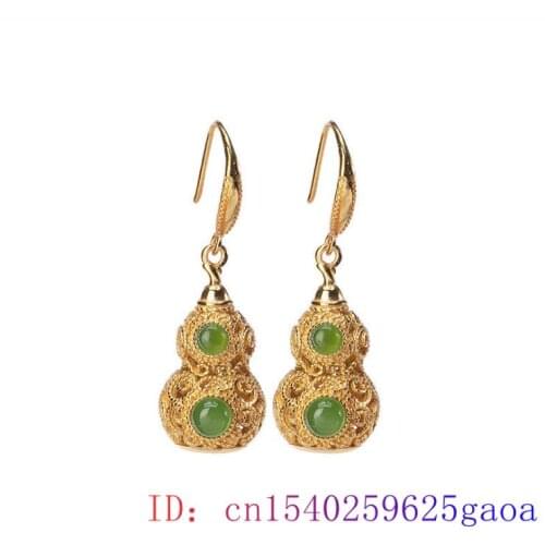 Green Jade Gourd Earrings Women Amulet Charm Crystal Zircon Natural Fashion Gifts Chalcedony Gemstone 925 Silver Jewelry