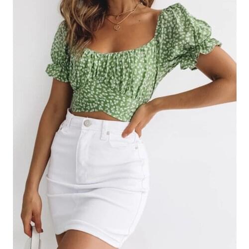 Ladies Off Shoulder Summer Floral Print Shirt Tops Women Short Sleeve Slash Neck Lace Up Backless Crop Pullovers Beach Vacation