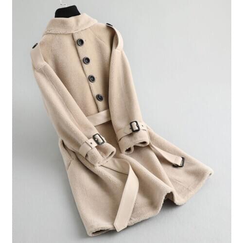 Autumn Winter Real 2020 Coat Long Jacket Korean 200% Wool Fur Coats and Jackets Women Sheepskin Belt KQN22057 KJ4269