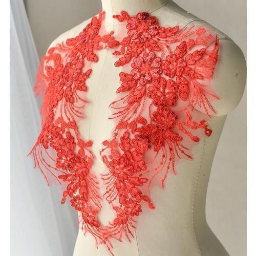 1Pair 23.2X43.5cm Delicate Wedding Sequins Head Ornaments Body Lace Applique Ivory Dress DIY Lace Trim Dress DIY Lace BD0136