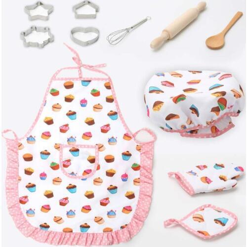 11Pcs/Set Kids Cooking Baking Kit Kitchen Chef Costume Role Play Apron Hat Gloves Set for Children