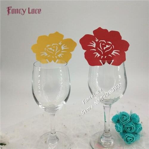 50pcs Wedding place cards for wine glass, Rose Flower wedding place name card, DIY paper escort card for Table Mark Decoration