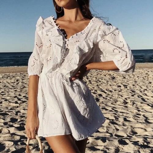 Jastie 2021 Summer Women Dresses V-Neck Hook Flower Hollow Wood Ear Lace Short Sleeve Mini Dress Bohemian Casual Beach Dress