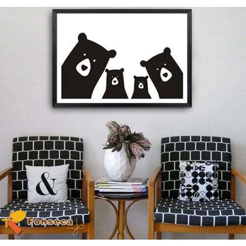 Cartoon Cute Bear Family Canvas Painting Black White Animal Poster and Print Nordic Wall Art Picture for Nursery Kids Room Decor