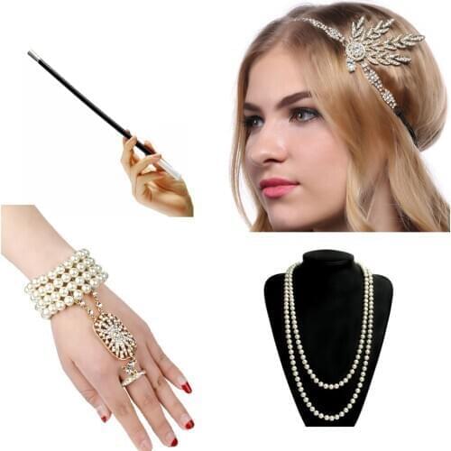 1920s Charleston Party Flapper Girl Rhinestone Headband Pearl Necklace Bracelet Cigarette Holder Great Gatsby Accessories Set