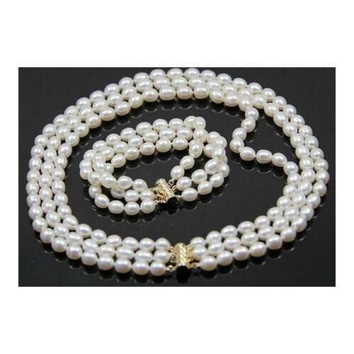 Beautiful 3 Rows 7-8mm Natural White Freshwater Oval Pearl Necklace Bracelet Set