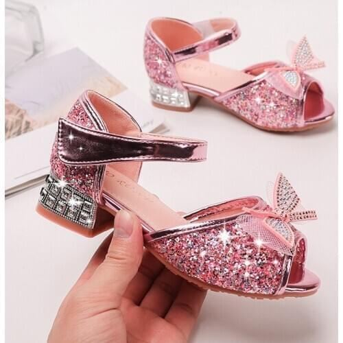 Summer New Girls Shoes Fish Mouth Hollow Crystal Bow Princess Sandals Little Girl Performance High Heels