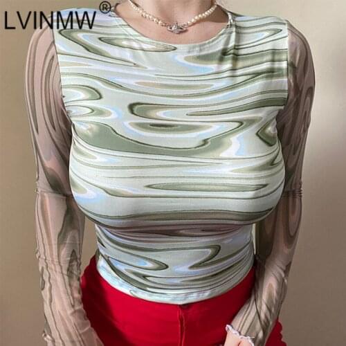 LVINMW Tees Water Ripple Transparent Slim Casual Long Sleeve Top Crew Neck Patchwork Printed Fashion Crop Top Autumn Streetwear