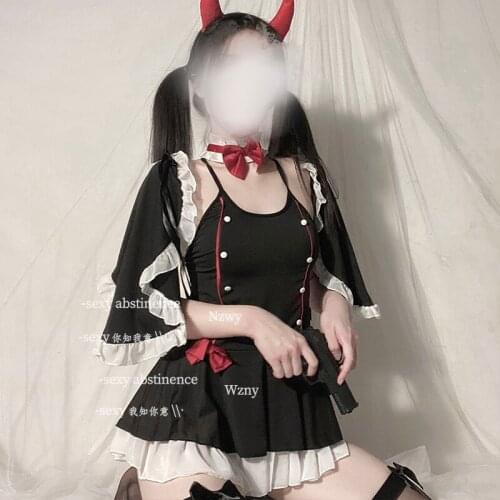Sweet Sexy Lingerie Erotic Lolita Lovely Kawaii Black Maid Uniform Lace Nightdress Seduction Demon Maid Cosplay Role Play Set