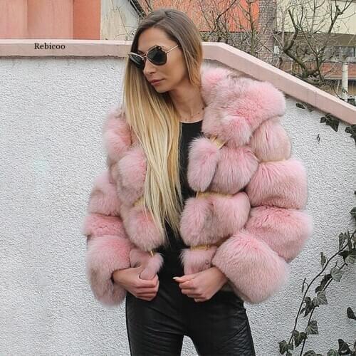 Fashion Pink Thick Fox Fur Coat With Hood For Women Winter Thick Warm Leather Fox Fur Jackets Environmental Luxury Fur Coats