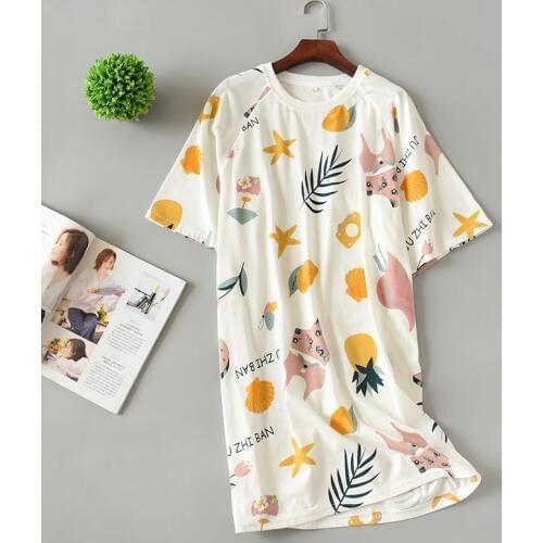 2019 Summer Casual Nightdress For Women Cute Cartoon Nightgowns Sleepshirts Knitted Cotton Fresh Simple Women Home Wear Dress