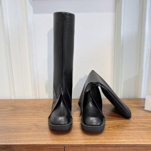 2021 Autumn Boots Woman Big Ruffles Long Boots Ladies Folding Foot Stretch Horn Botas Square Toe Flat Heel Knee High Boots Women