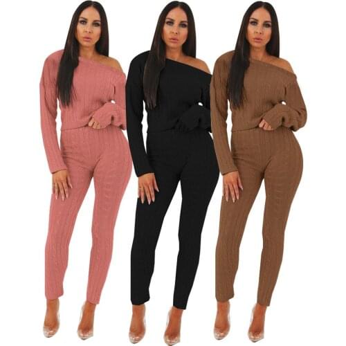 Casual Night Club Clothes 2021 Spring Womans Sweater Knit Top + pants Sets Solid Color Female High-elastic Sweaters 2-piece Suit