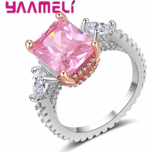 Luxury Bijoux Pink Cubic Zircon Square Heart Lover Finger Rings 925 Sterling Silver CZ Newest Jewelry Gift For Womans