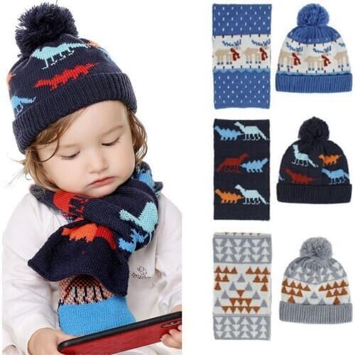 Pompom Baby Hat With scarf set Baby Boy Girl Cap Winter Warm Knitted beanie set Infant Toddler Beanie Kids dinosar cap H236D