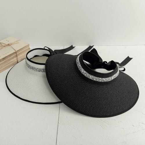 2021 New Spring and Summer Womens Big Eaves Travel Trip Flashing Diamond Bow Empty Top Hat Flat Brim Straw Sun Hat