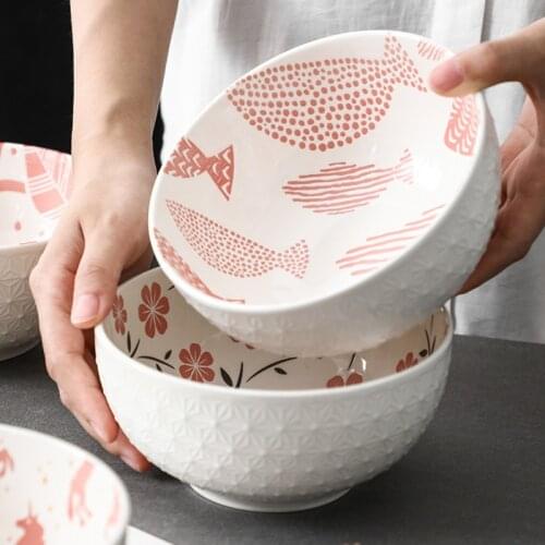 4.5/5/6inch Tableware Japanese Hand Painted Relief Ceramic Underglaze Home Restaurant Rice Bowl Noodle Bowl Ramen Soup Bowl