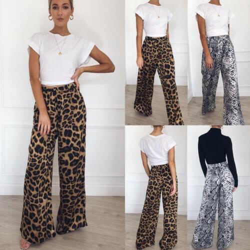 Spring Womens Palazzo Flared Wide Leg Pants High Waist Loose Culottes Sexy Fashion Leopard Snake Print Long Trousers Bottoms