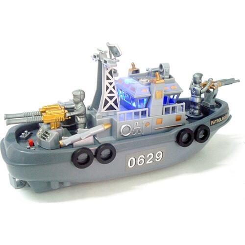 High Quality Electric Plastic Mini Marine Patrol Flashing Light Sound Boat Military Model Water Toys for Kids Automatic Gift