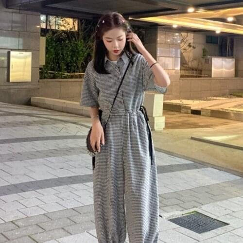 New Chic Plaid Jumpsuit 2019 Summer Short Sleeve Shirt Collar Bloomers Women Dungarees Loose Simple Jumpsuit DD2128