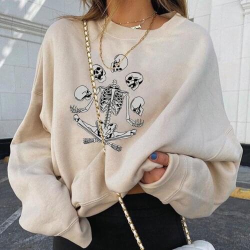 Women Long Sleeve Funny Skeleton Printing Pullover Sweatshirt Top Halloween Solid Color Lovely Girls All-match Sweatshirt
