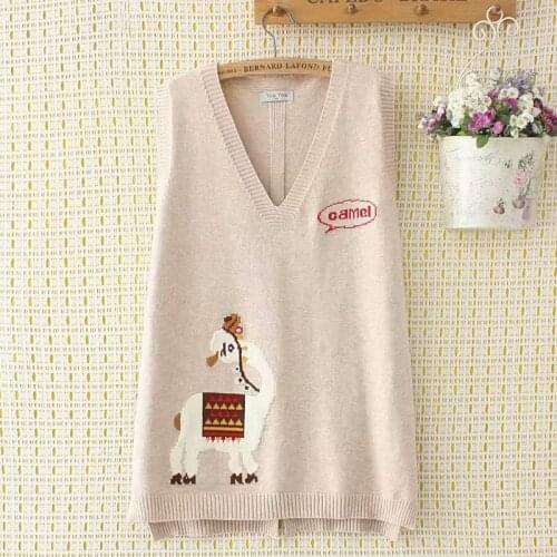 Plus size Womens sweater vest V-Neck cartoon print sleeveless Sweater oversize 2021 autumn loose Navy black beige Women jumper