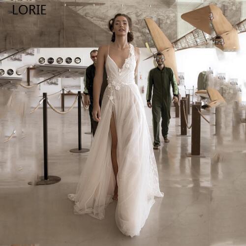 LORIE Sexy Boho Wedding Dress 2019 High Side Split Spaghetti Straps Lace Bridal Dress Wedding Gowns Vestidos de novia