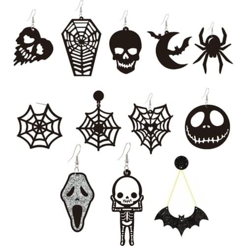 Acrylic Earrings for Women Halloween Black Scary Spider Web Bat Pumpkin Moon Skull Dangle Earrings Cool Punk Brincos Jewelry