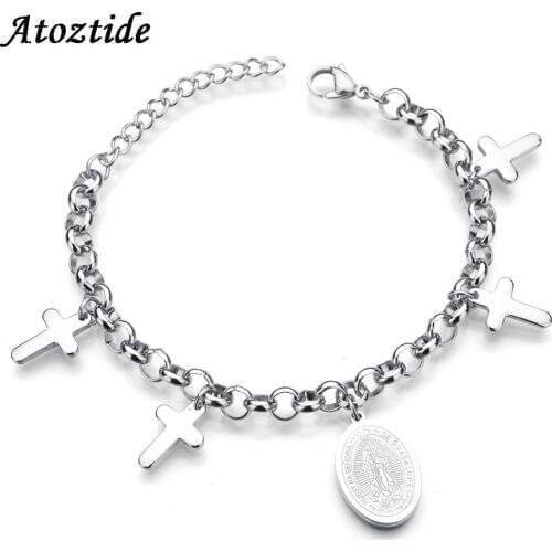 Atoztide Charm Cross Bracelets For Women High Quality Stainless Steel Virgin Mary Pendant Adjustable Slive Round Chain Bracelets