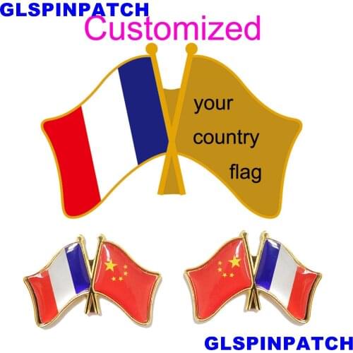 France Crossed Friendship Flag Double Country lapel pin Brooch USA UK France Chile Russia Saudi Arabia Japan Spain Badge