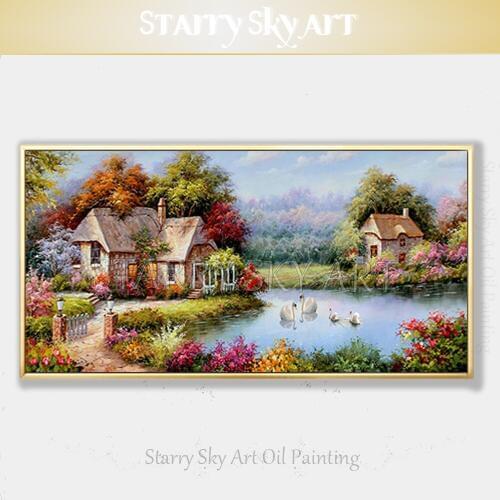 Beautiful Europe Landscape Oil Painting Hand-painted Colorful Europe Landscape Swans Swim in Lake Oil Painting for Wall Decor