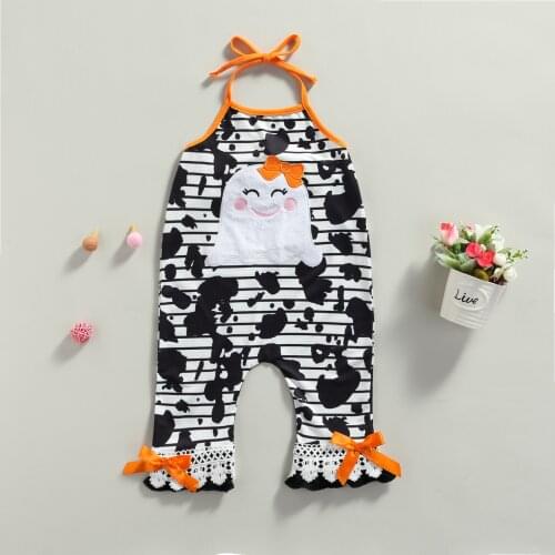 Summer Girls Halloween Jumpsuit Black Stripe Milk Cow Printed Pattern Halter Neck Sleeveless Romper Gifts for Children