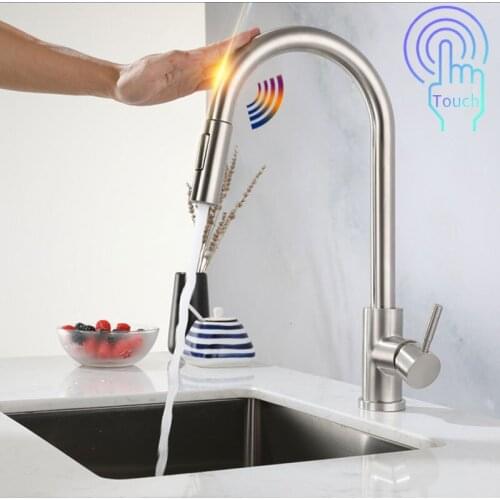 Kitchen Smart Touch Sensor Faucet Pull Out Hot And Cold Water Switch Mixing Faucet Stainless Steel Sink Agitator Rotating Faucet