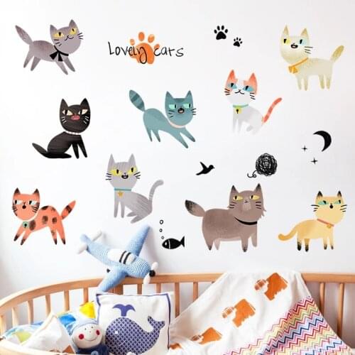 Cute Cat Cartoon Wall Stickers for Kids Room Decor Wall Decals DIY Nursery Abstract Wallsticker Self-adhesive Room Decoration