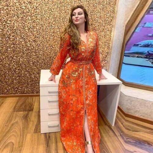 Trendy Orange Sequin Applique Moroccan Kaftan Evening Dresses V Neck Beaded Long Sleeves Dubai Arabic Special Occasion Dresses